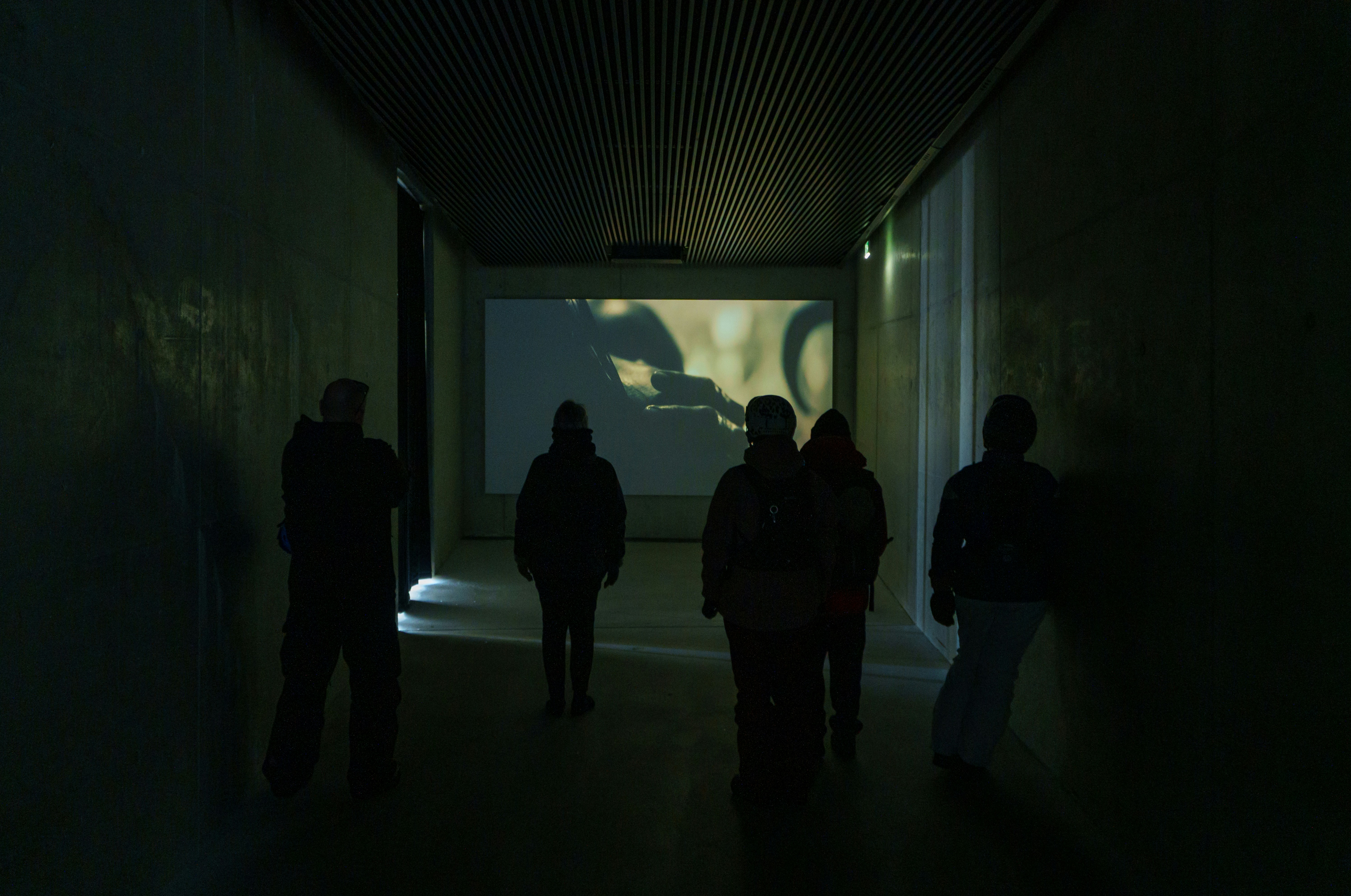 Silhouetted figures in a dark room with a projection screen.